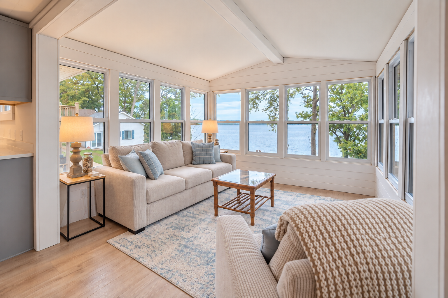 Bright sunroom living room with a sofa, armchair, coffee table, and large windows overlooking a lake