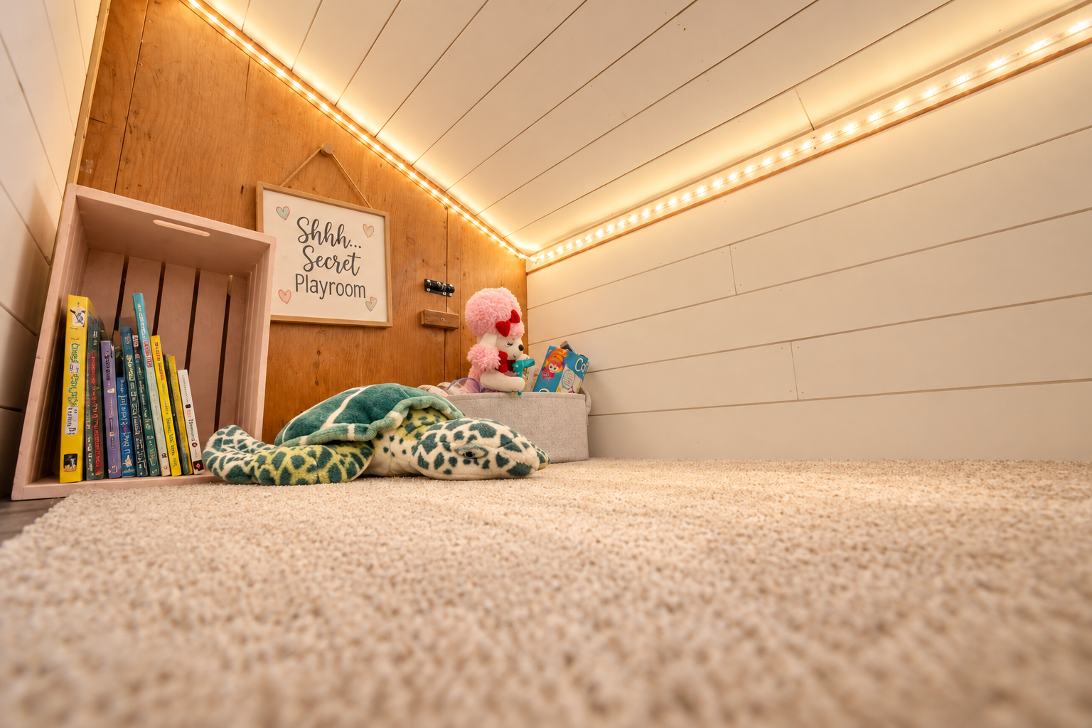 Cozy children's secret playroom with books, stuffed animals, a patterned blanket, and warm string lights.