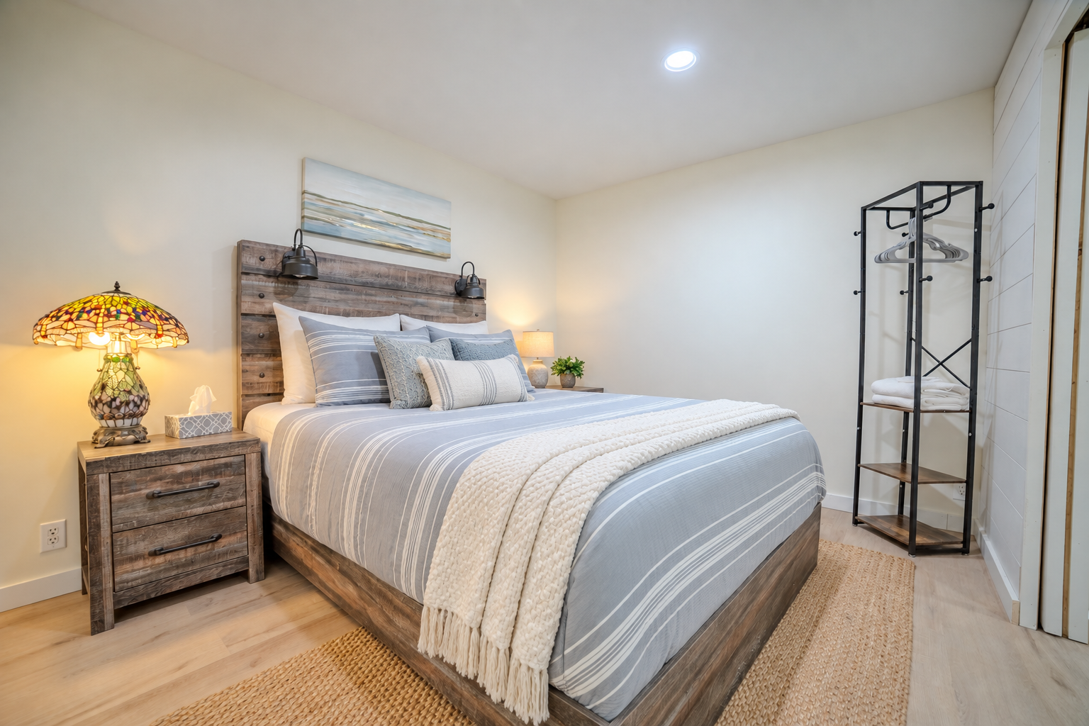 Cozy bedroom with a rustic wood bed, blue striped bedding, white throw blanket, Tiffany-style lamp, nightstand, and freestanding clothing rack