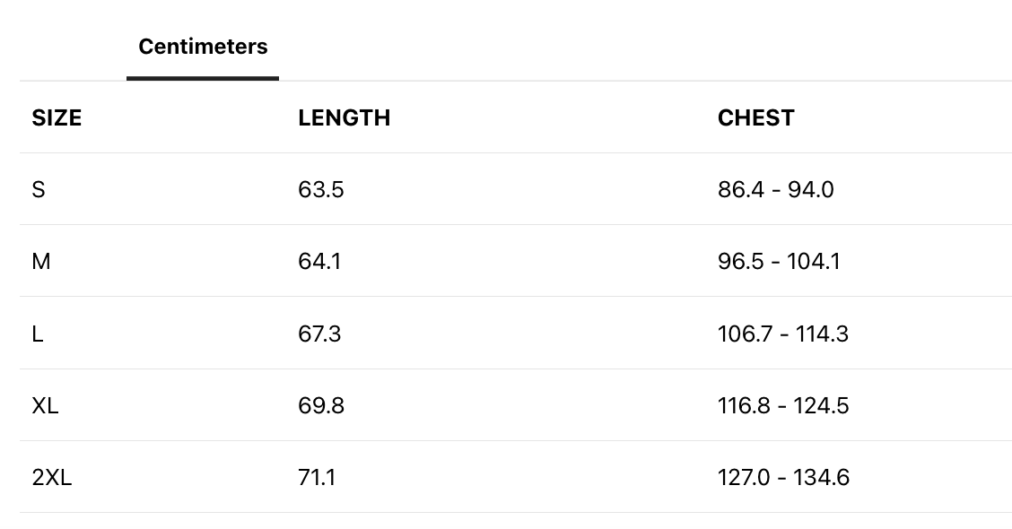 Sizing chart for clothing with columns for size, length, and chest measurements in centimeters, listing sizes S through 2XL.