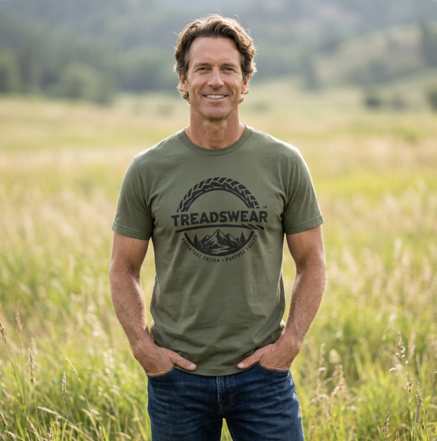Friendly man standing outdoors in a grassy field, smiling, wearing a military green Treadswear branded t-shirt featuring our tire tread and mountain scene logo.