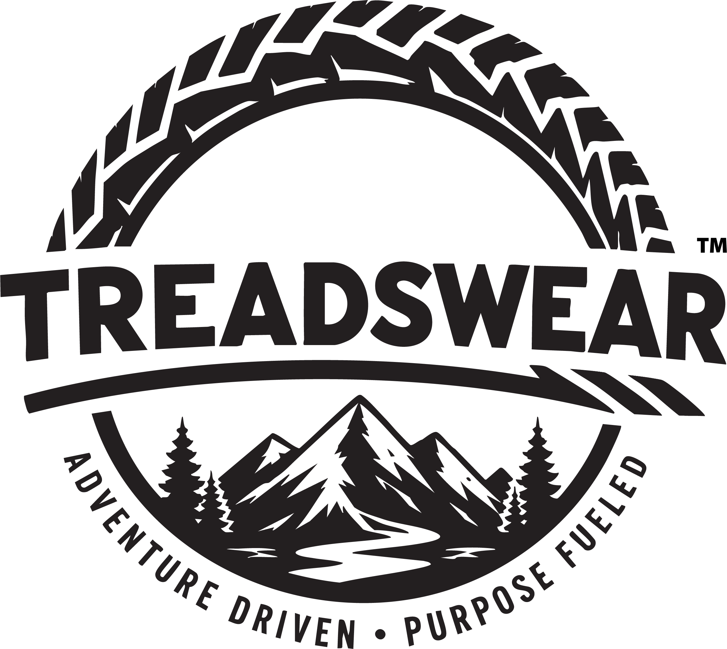 Treadswear brand logo: A tire tread arch over a mountain forest scene.