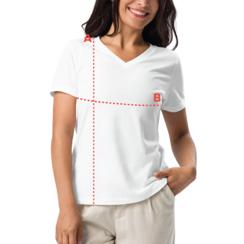 A woman smiling, wearing a white V-neck T-shirt and beige pants, with dashed lines indicating measurements labeled A and B.