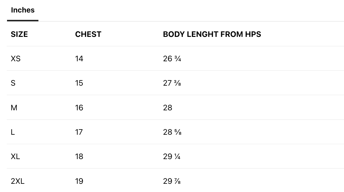 Clothing size chart from XS to 2XL showing measurements for chest and body length in inches.