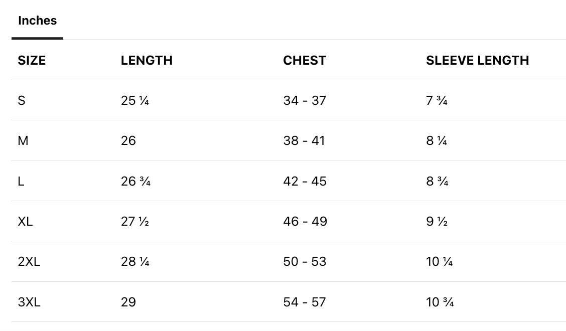 Size chart showing measurements for clothing sizes S, M, L, XL, 2XL, and 3XL, with columns for length, chest, and sleeve length in inches.