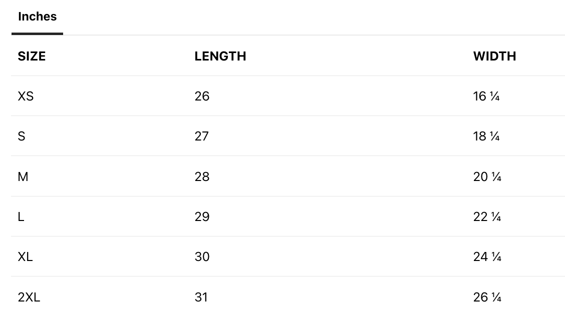A size chart for clothing with measurements in inches. It includes sizes XS to 2XL, with length ranging from 26 to 31 inches and width from 16 1/4 to 26 1/4 inches.