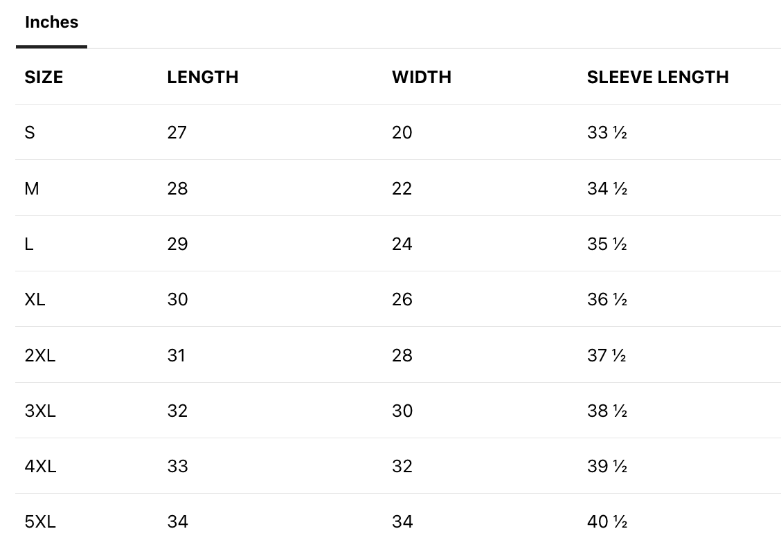 Clothing size chart showing measurements in inches for sizes S to 5XL, including length, width, and sleeve length.