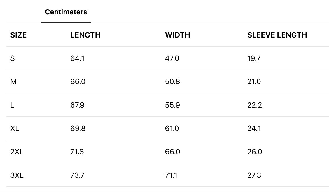 Size chart for clothing with measurements in centimeters, including sizes S, M, L, XL, 2XL, and 3XL, showing length, width, and sleeve length.