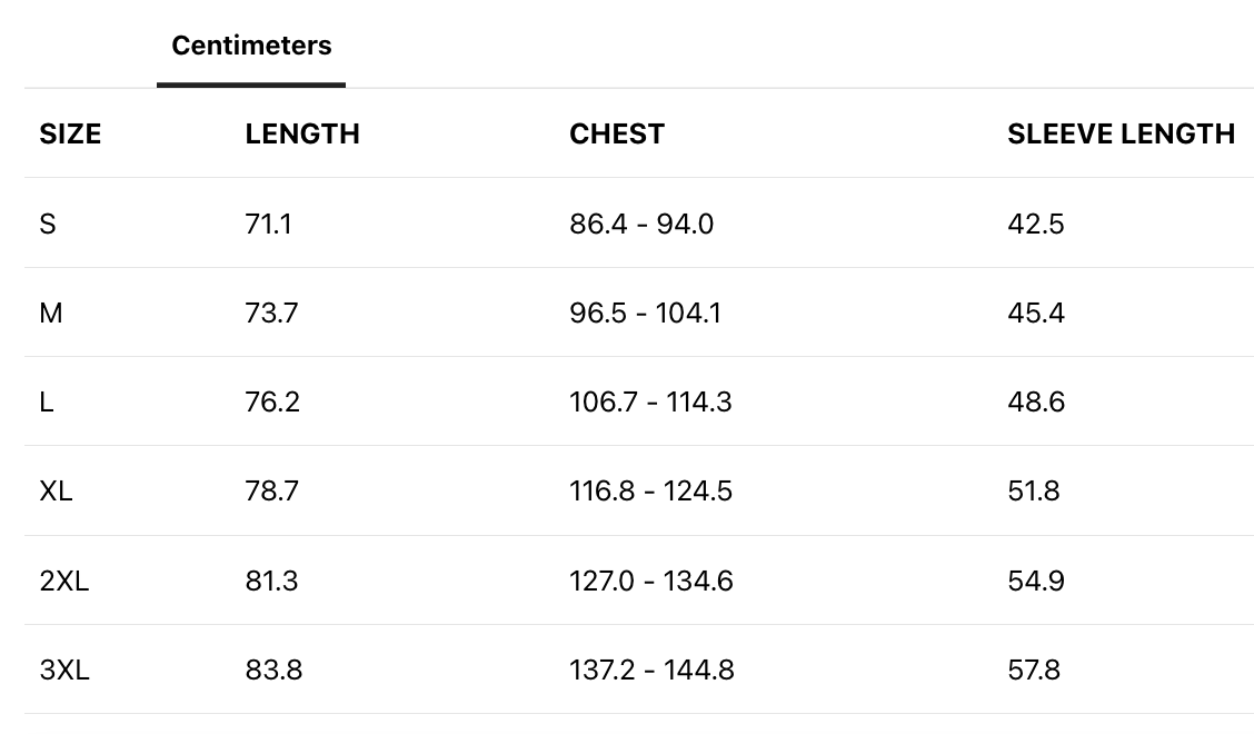 Size chart for clothing with columns for size, length, chest, and sleeve length in centimeters.