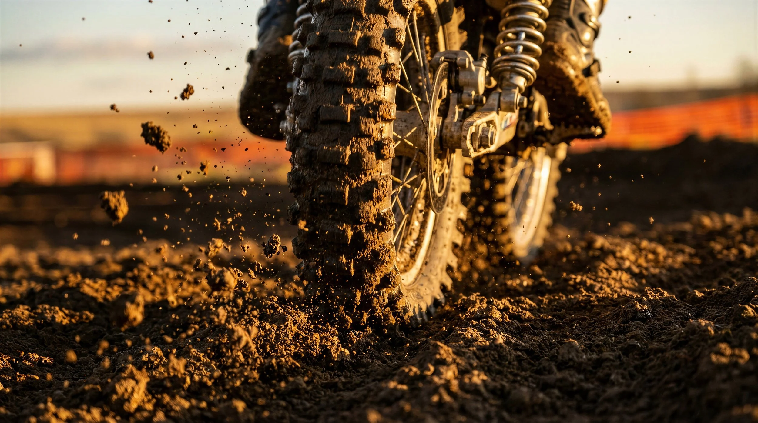 Treads of a dirt bike flinging mud close up.