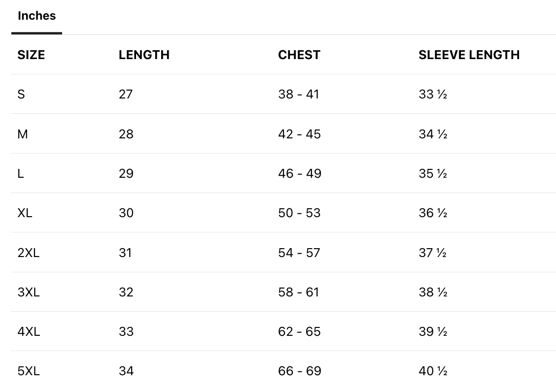 Size chart with measurements for different clothing sizes (S to 5XL), including length, chest, and sleeve length in inches.