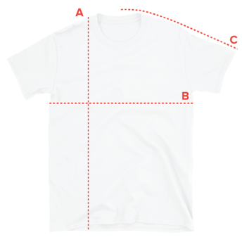 Plain white T-shirt with labeled measurements for A, B, and C.