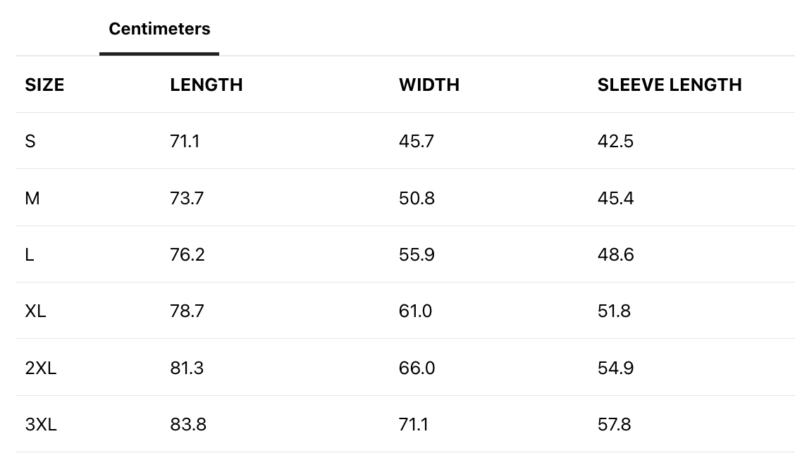 Clothing size chart with measurements in centimeters, listing sizes S through 3XL with corresponding lengths, widths, and sleeve lengths.