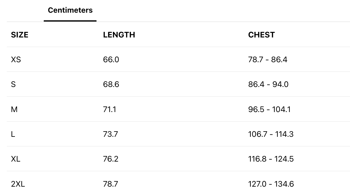 A size chart for clothing, listing measurements in centimeters for sizes XS, S, M, L, XL, and 2XL, with columns for length and chest measurements.
