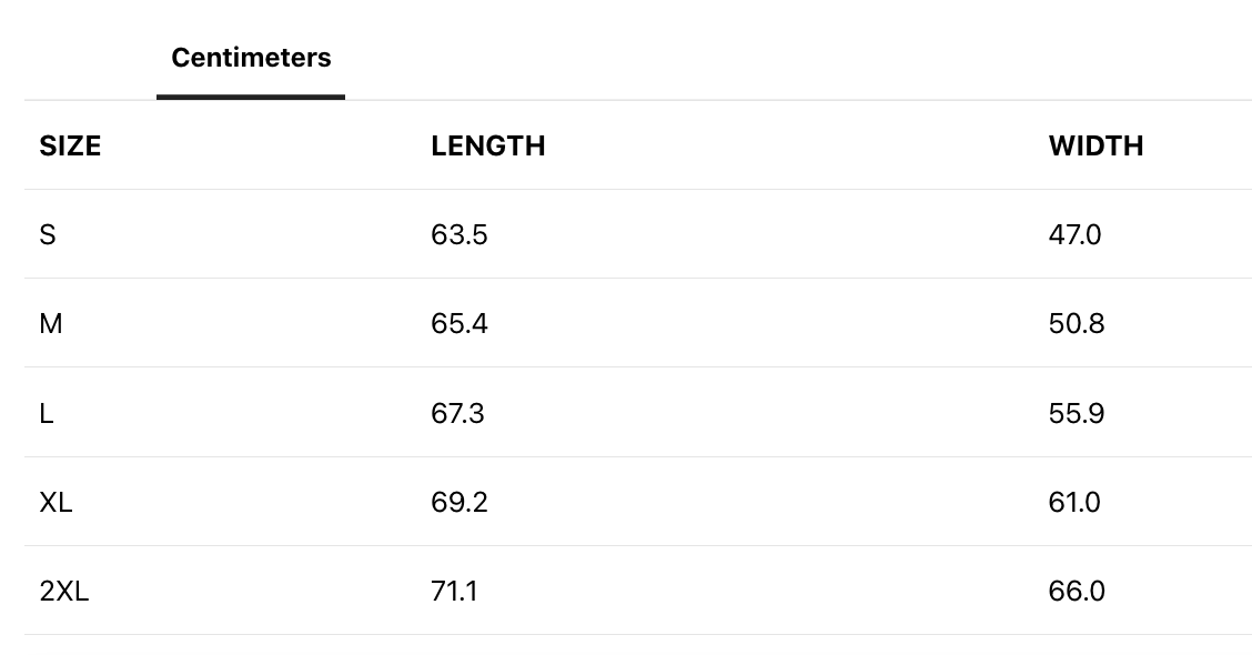 A size chart listing measurements in centimeters for small to 2XL clothing sizes, including length and width of each size.