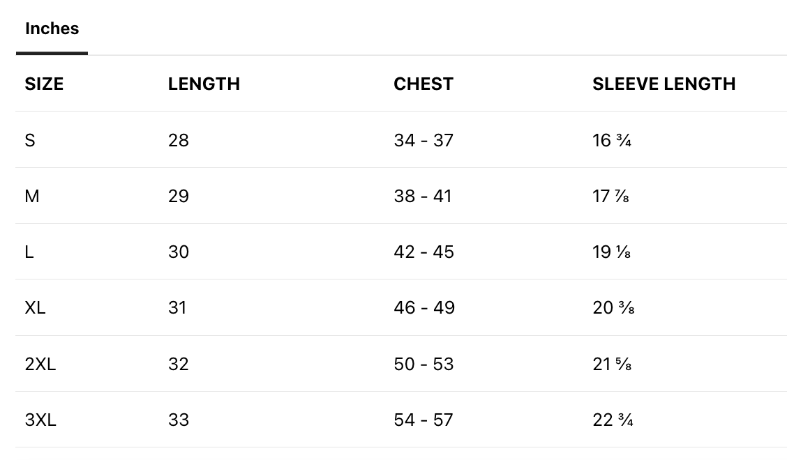 Clothing size chart showing measurements in inches for sizes small to 3XL, including length, chest, and sleeve length.