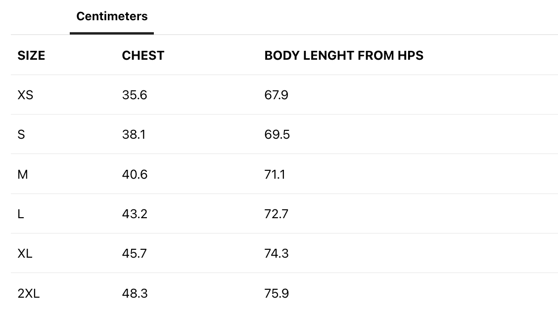 Size chart for clothing in centimeters, listing sizes XS to 2XL with corresponding chest measurements and body length from HPS.