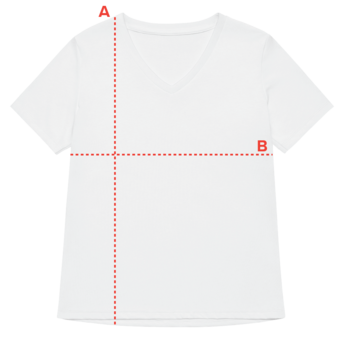Plain white V-neck T-shirt with measurement lines labeled A and B.