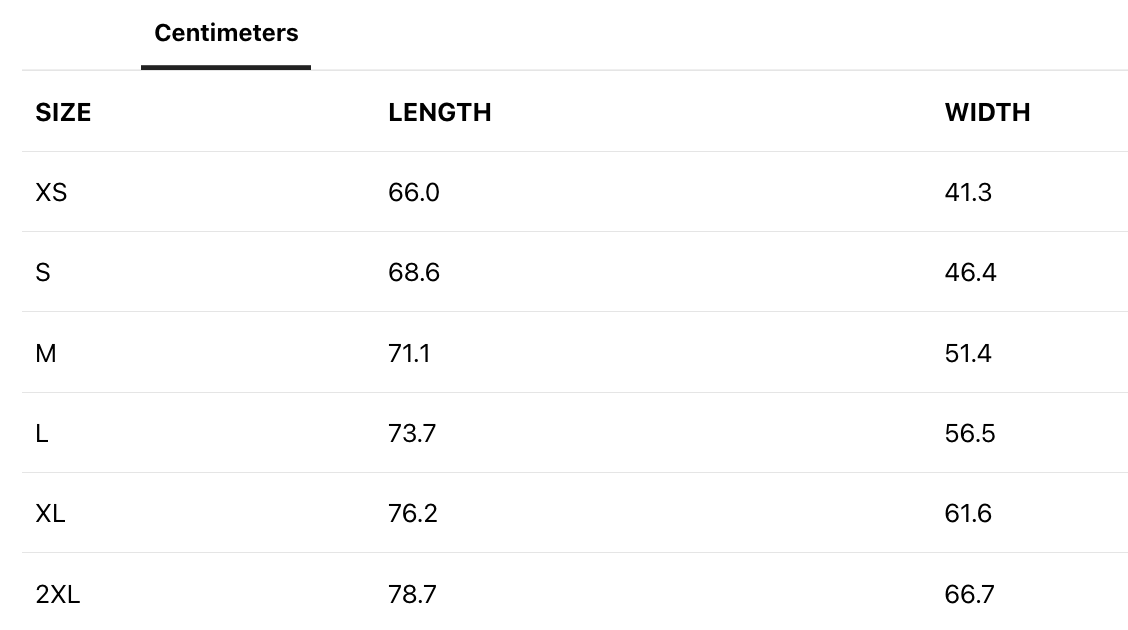 A size chart showing measurements for various clothing sizes, including XS, S, M, L, XL, and 2XL, with corresponding length and width in centimeters.