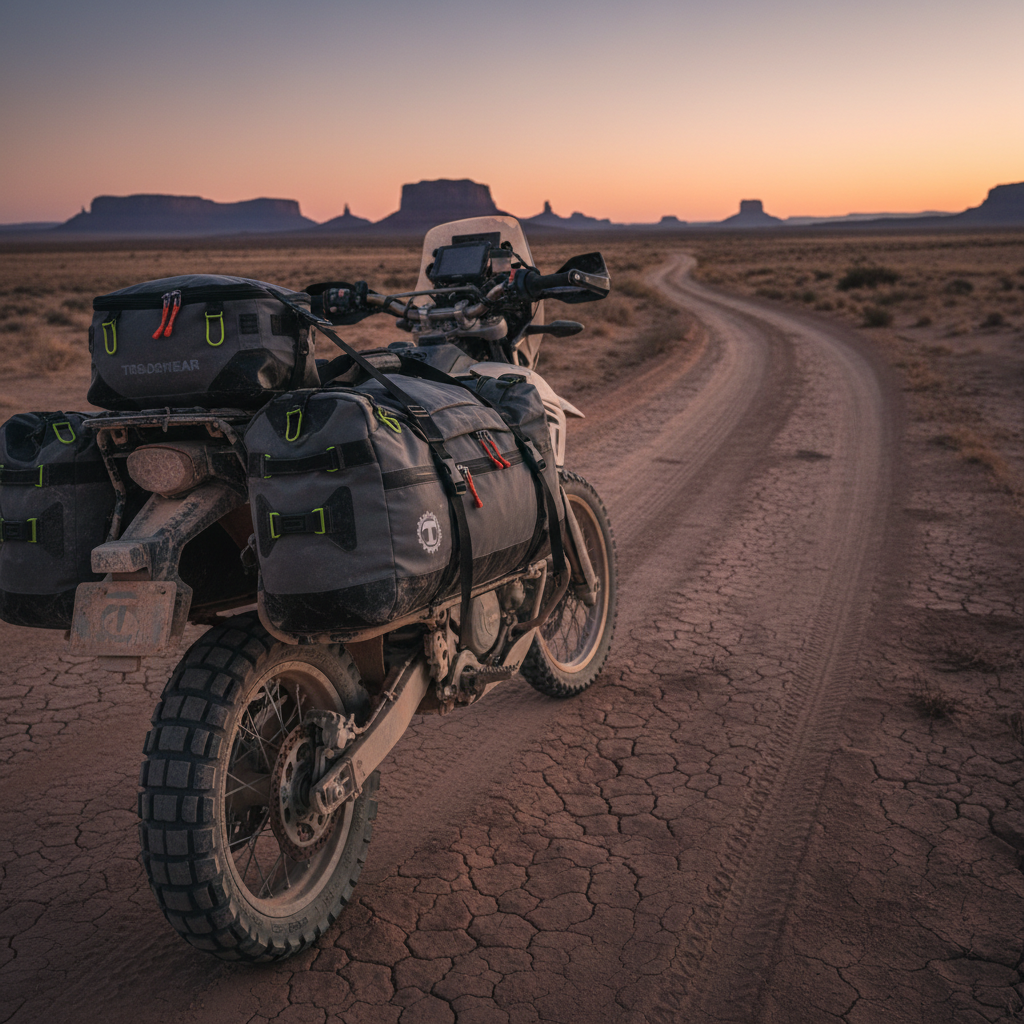 ADV motorcycle on a dirt road at dusk in the desert.