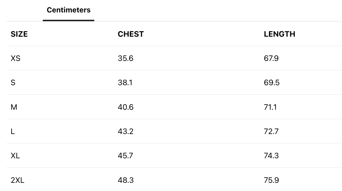 A size chart with measurements in centimeters for different shirt sizes, including XS, S, M, L, XL, and 2XL. Each size has corresponding chest and length measurements listed.