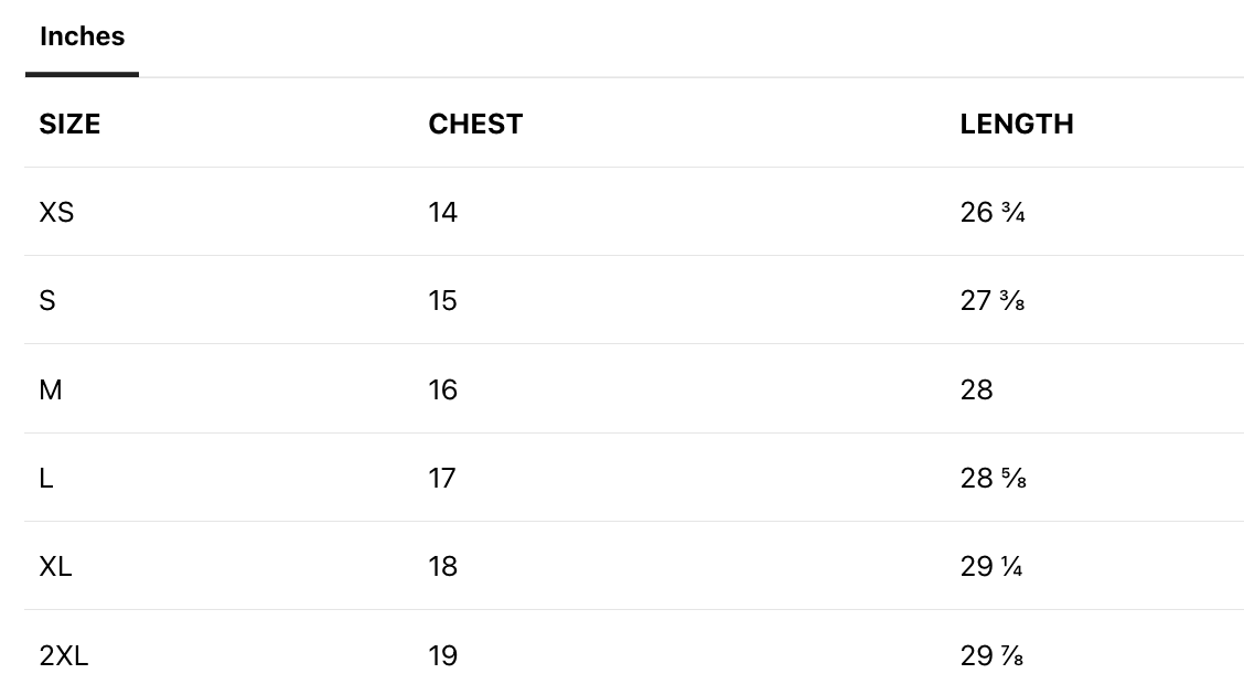 A clothing size chart showing measurements in inches for sizes XS through 2XL, including chest and length dimensions.