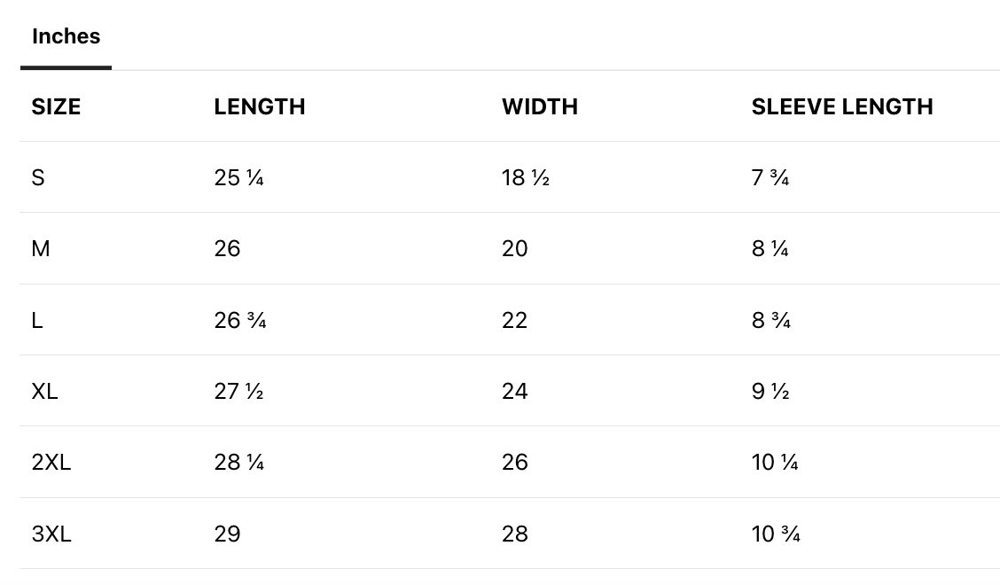 Size chart for clothing with measurements in inches, including sizes S, M, L, XL, 2XL, and 3XL, listing length, width, and sleeve length.
