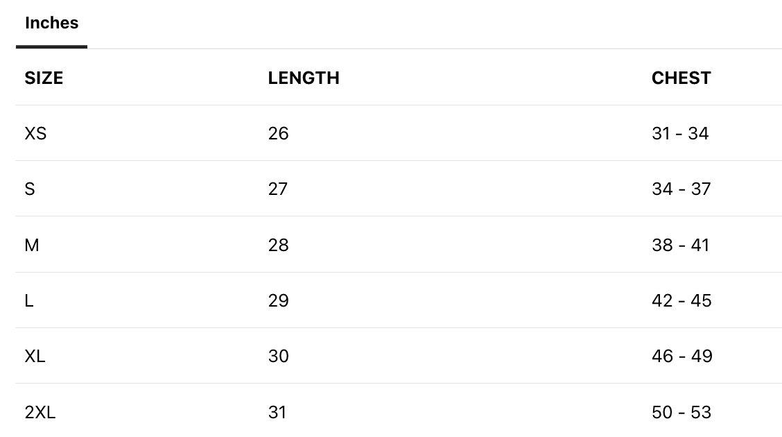 Chart showing clothing sizes, measurements in inches for length and chest, ranging from XS to 2XL.