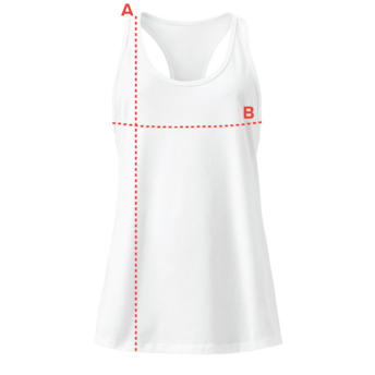 White sleeveless athletic tank top with red dotted measurement lines and colored guides for measurements.