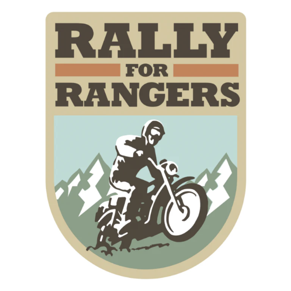 A graphic emblem with a person riding a motorcycle in front of mountains, with the text "Rally for Rangers" above.