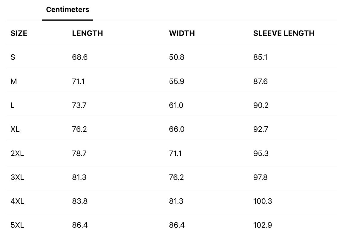 A size chart for clothing, detailing measurements in centimeters for different sizes from S to 5XL. It includes columns for length, width, and sleeve length.