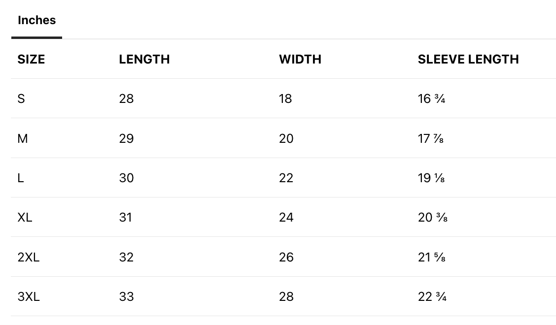 Size chart for clothing with measurements for Small to 3XL in inches, including length, width, and sleeve length.