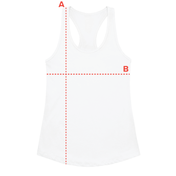 White tank top with labeled measurements for A (armhole to neckline) and B (width across chest).