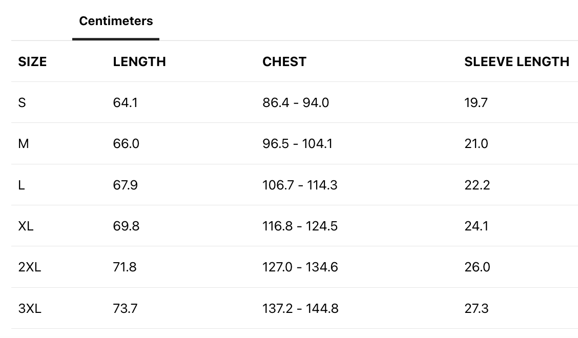 A chart detailing clothing measurements in centimeters for various sizes, from Small to 3XL, including length, chest, and sleeve length.