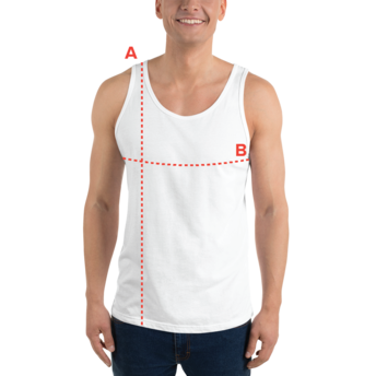 Person wearing a white tank top with red measuring lines on the front, standing and smiling.