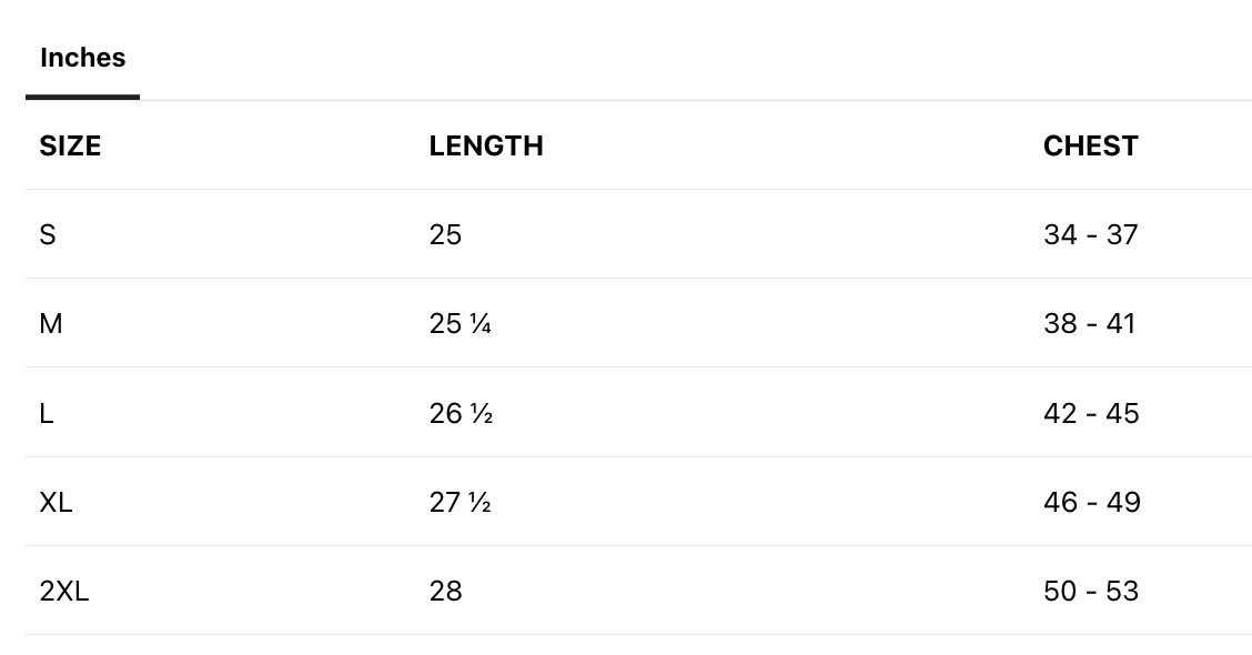 A size chart in inches for a garment, listing sizes from Small to 2XL with corresponding lengths and chest measurements.