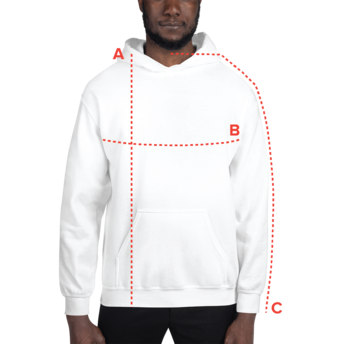 A man wearing a white hoodie with a front pocket, standing against a plain background.