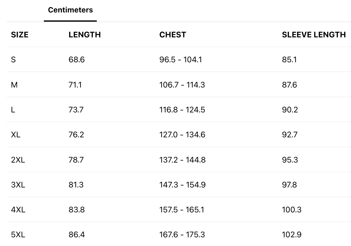 Size chart with measurements in centimeters for clothing sizes S to 5XL, including length, chest, and sleeve length.