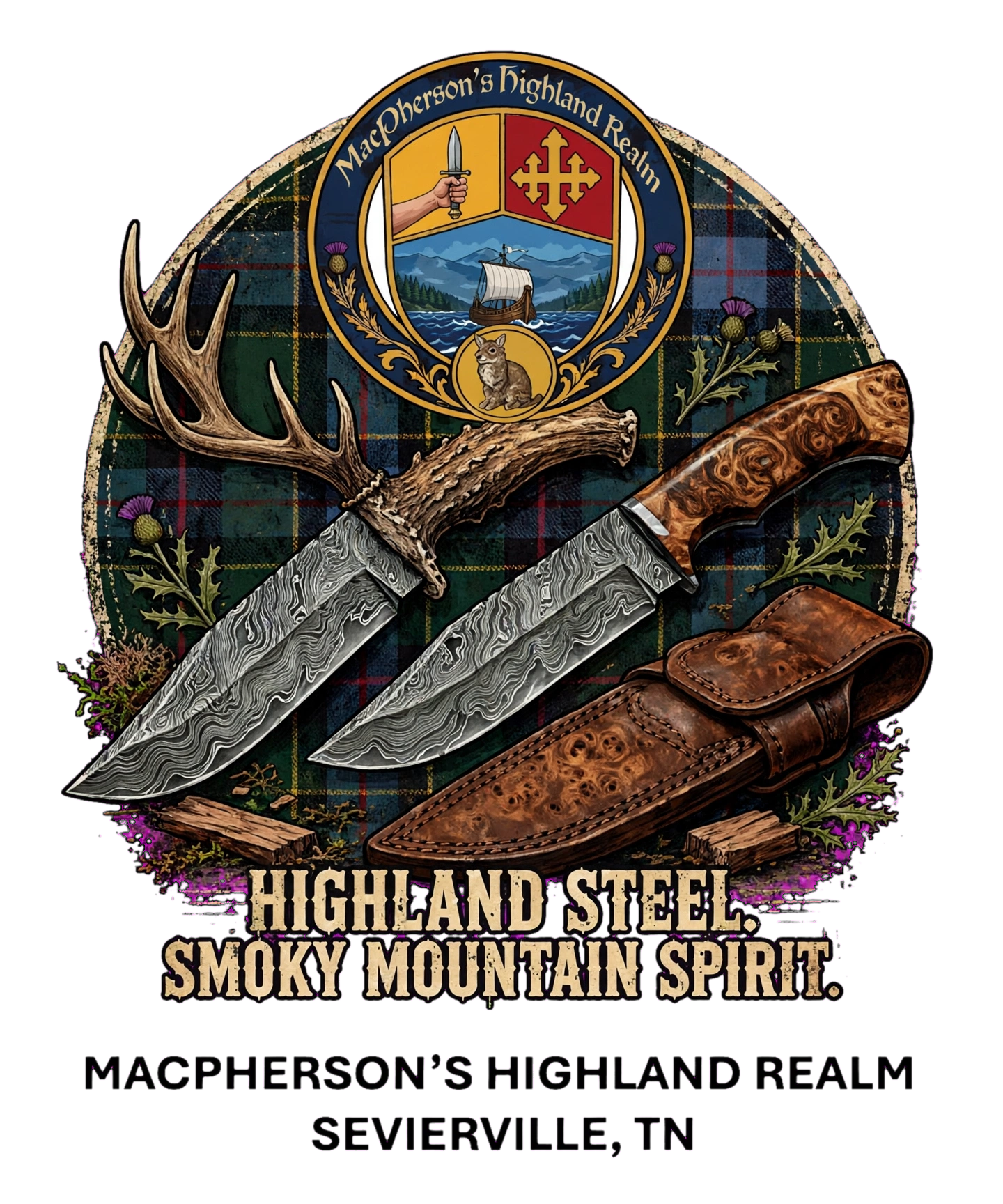Emblem of The Highland Armory & Outpost featuring natural deer horn, a hand-forged Damascus steel blade, and MacPherson tartan, with the motto 'Highland Steel, Smoky Mountain Spirit' and location 'Sevierville, TN