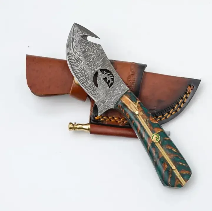 Damascus Guthook Hunting Knife with Green & Bronze Resin Handle