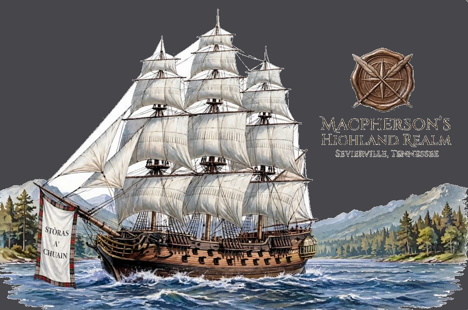 Official realm ship, the "Stòras a' Chuain" (pronounced Store-us a-Coo-ayn, meaning "Ocean's Treasure"), sailing a forested coastline with mountains in the background.[cite: 1, 11]
