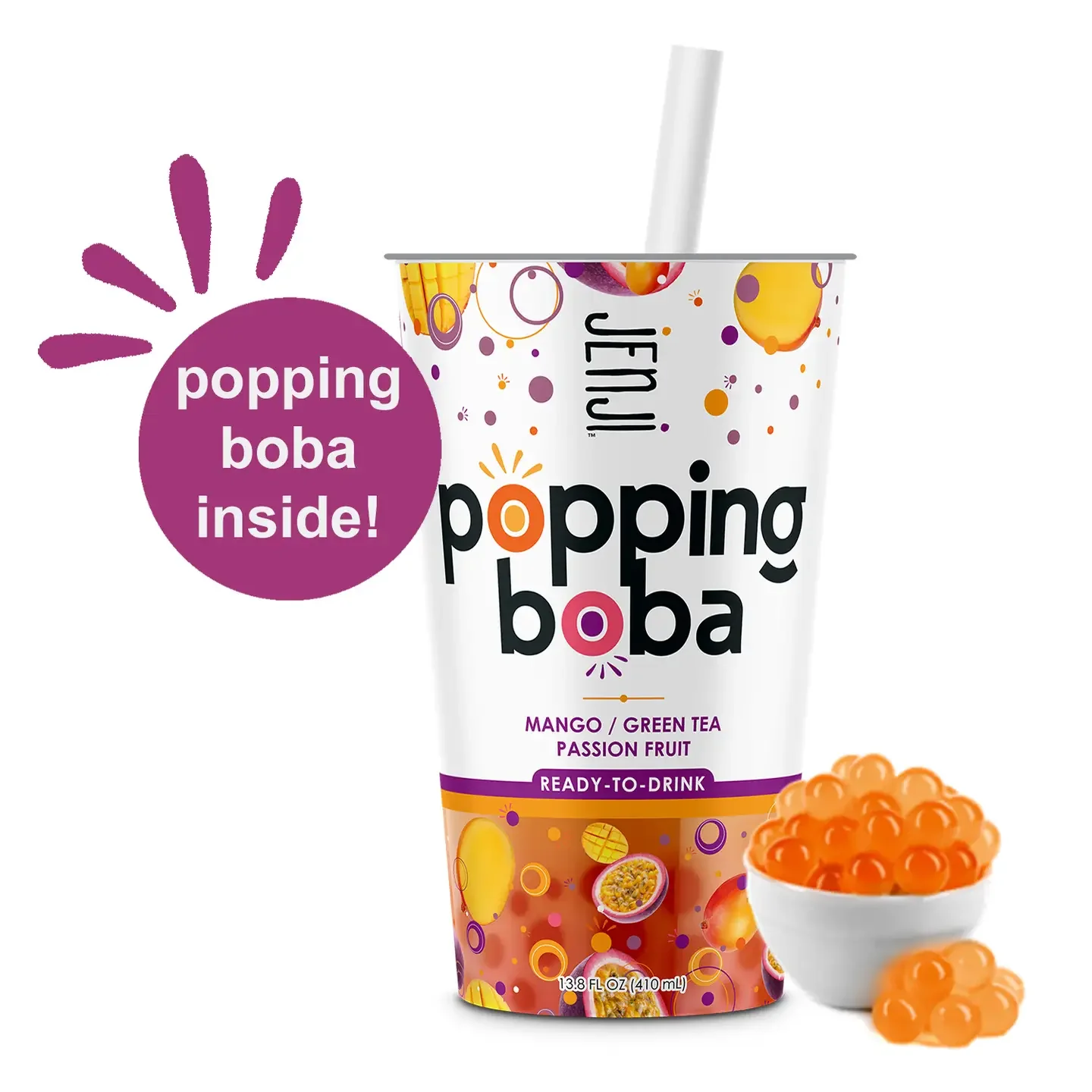 Jenji Popping Boba Mango Passion Fruit Green Tea (13.8 oz. Cups with Straw)