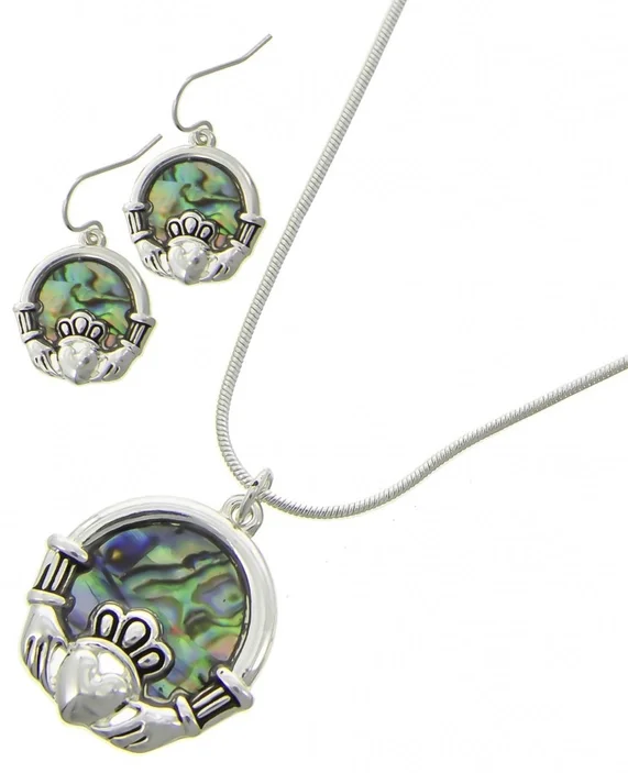Celtic Claddagh Heart Natural Abalone Necklace & Earring Set