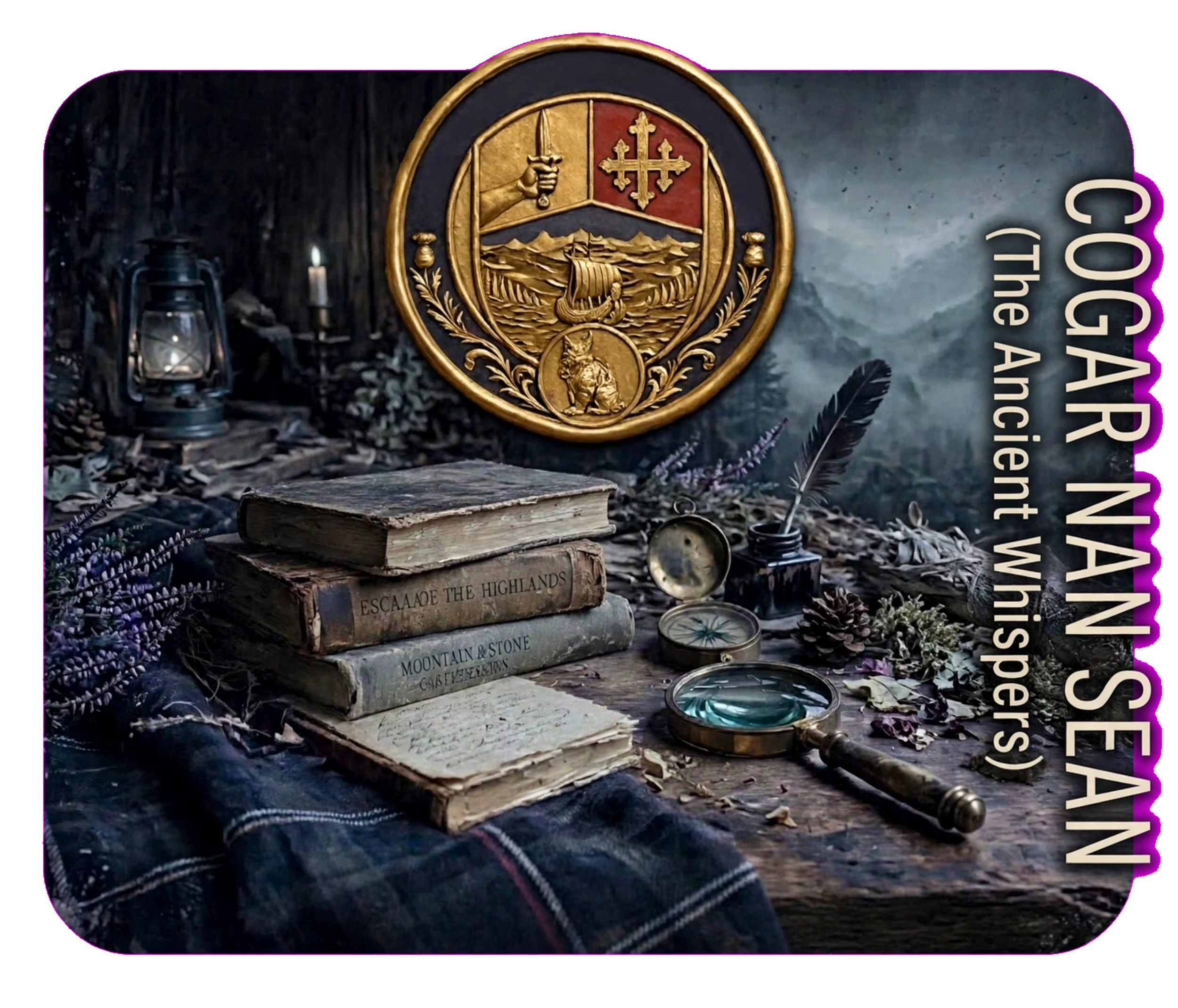 MacPherson's Ledger & Lore emblem for the Badenoch Realm: a crest featuring a sword and cross, surrounded by historic texts, candles, a lantern, and glasses, set against a scenic Scottish mountain painting.[cite: 1, 11]