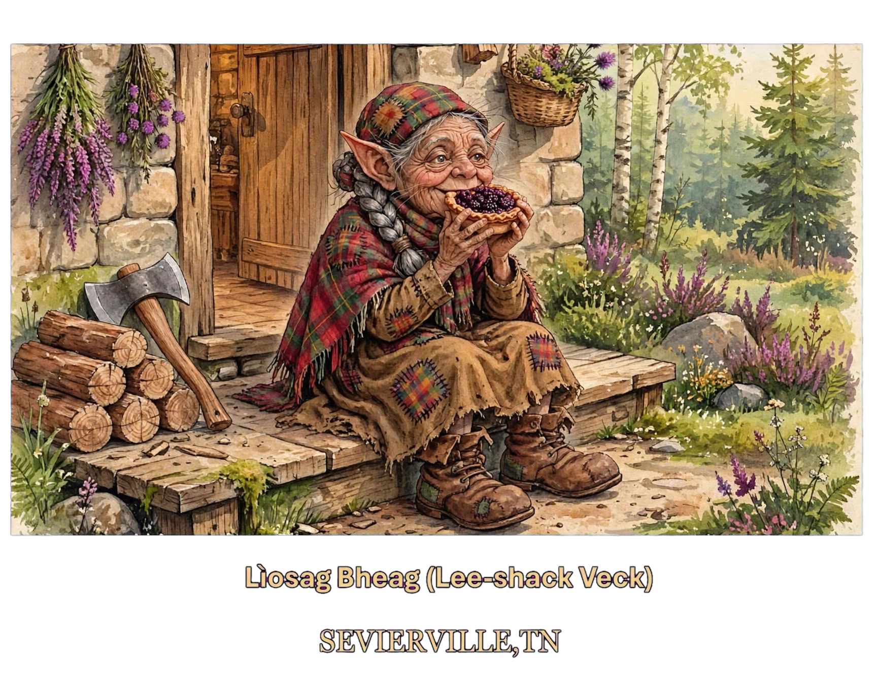 Illustration of Lìosag Bheag (Lee-shack Veck), the Scottish Brownie of The Brownie's Hearth, enjoying fresh blackberry pie on a rustic cabin porch in a lush mountain woodland.
