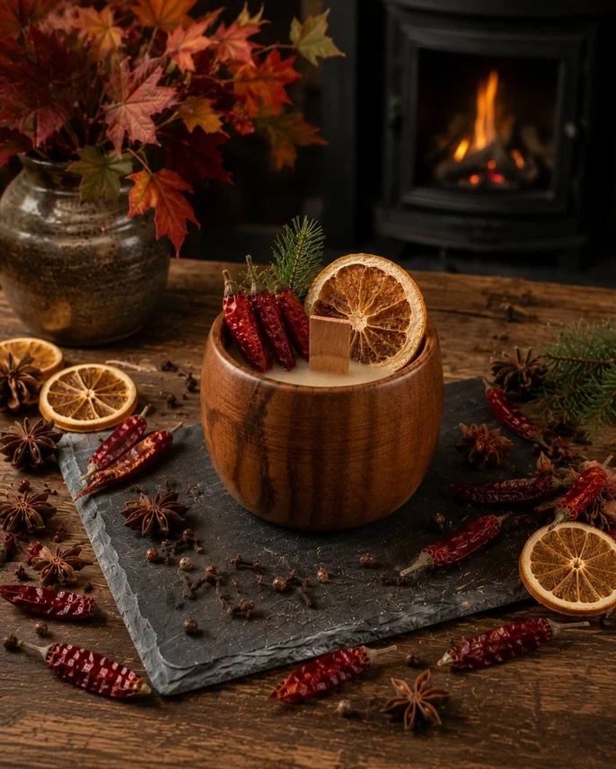 Hot Orange Spice Candle in Rustic Wooden Vessel