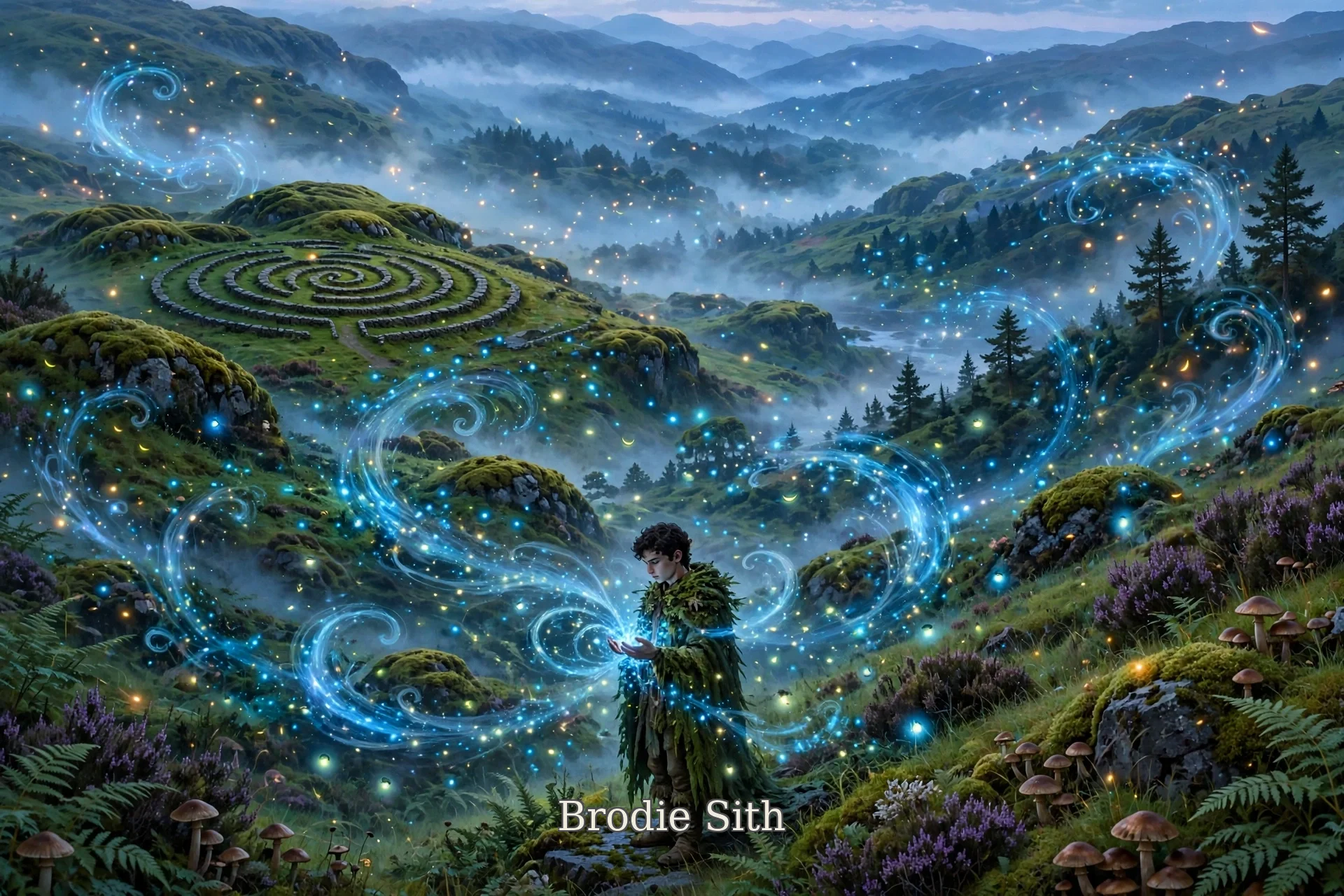 Illustration of Brodie Sìth (BROH-dee SHEE) in a magical Scottish mountain landscape, surrounded by Highland mists and the official MacPherson's Highland Realm emblem.