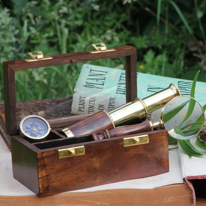 Heirloom Brass Explorer Set: Telescope, Compass & Magnifier in Hardwood Box