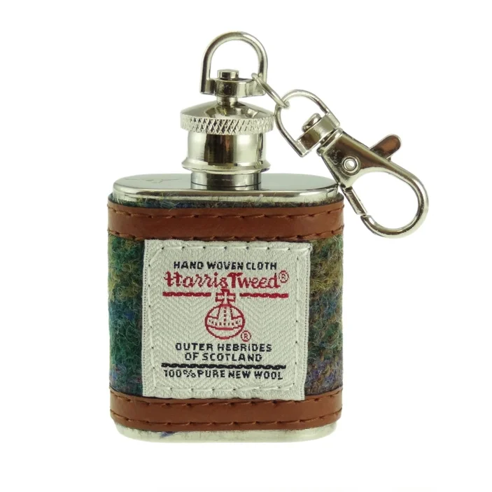 Genuine Harris Tweed Scottish Tartan 1oz Hip Flask Keychain