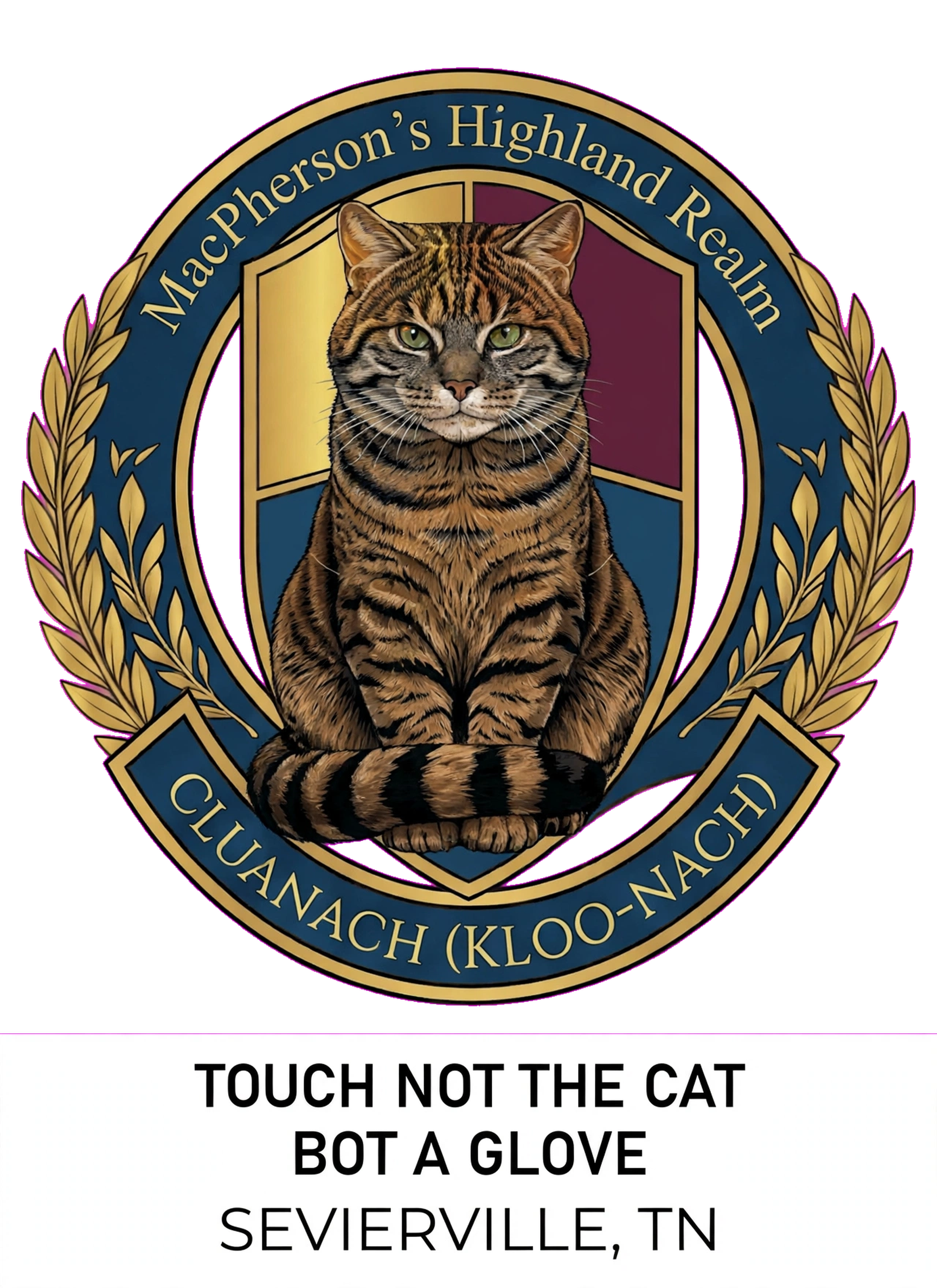 Official seal of MacPherson's Highland Realm featuring Cluanach (KLOO-nach), "The Crafty One," the Scottish Wildcat emblem, with clan motto in gold and navy border.